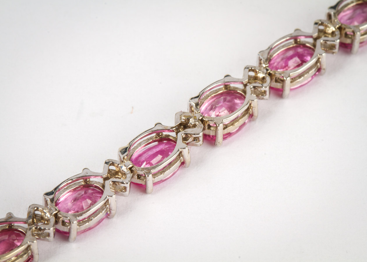14K White Gold, Pink Sapphire, and Diamond Tennis Bracelet