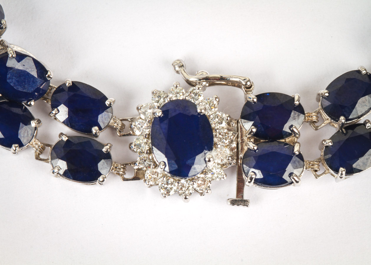 14K White Gold, Synthetic Sapphire, and Diamond Double Row Tennis Bracelet