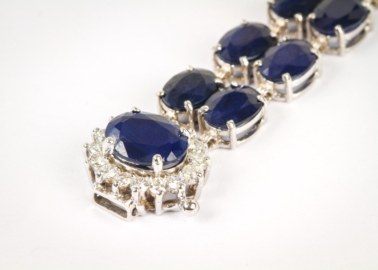 14K White Gold, Synthetic Sapphire, and Diamond Double Row Tennis Bracelet