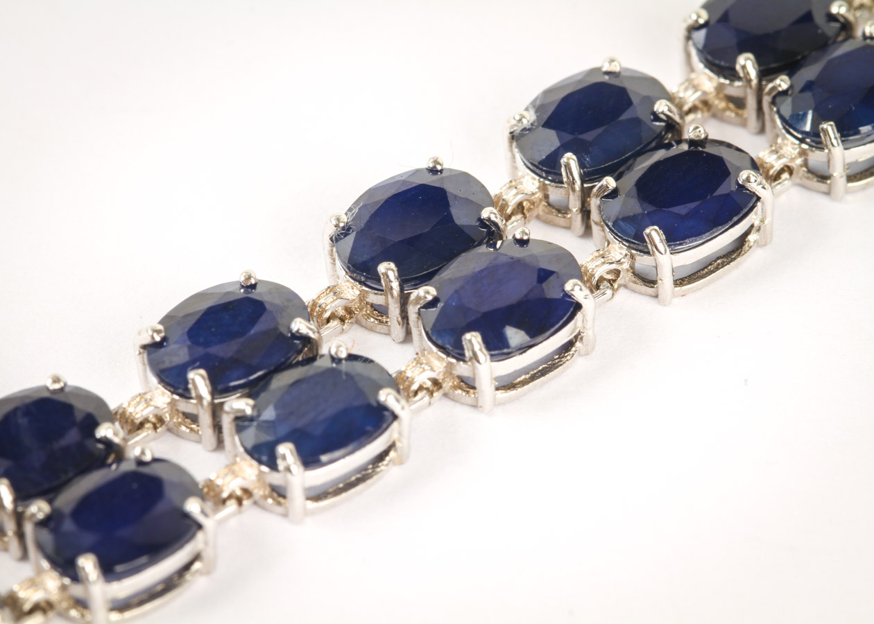 14K White Gold, Synthetic Sapphire, and Diamond Double Row Tennis Bracelet