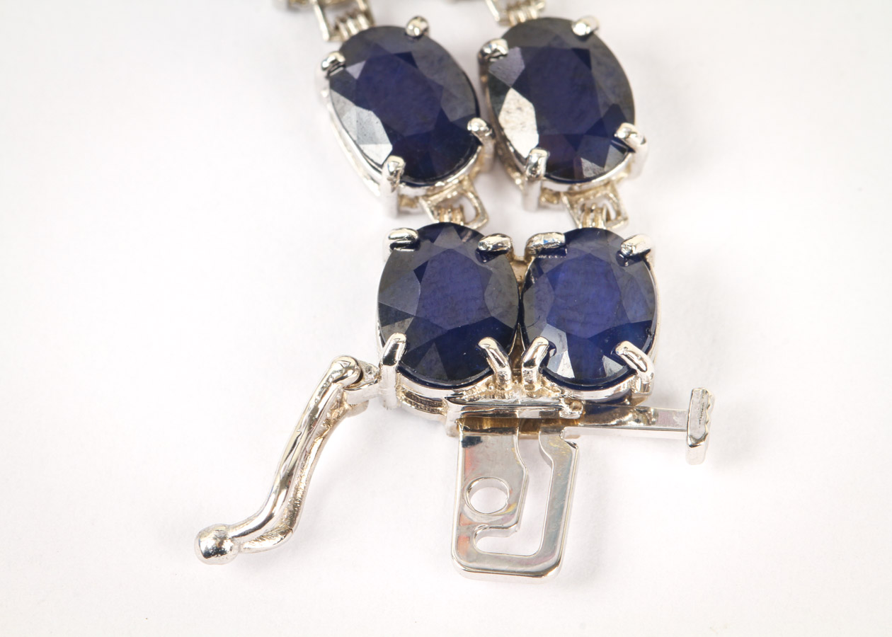 14K White Gold, Synthetic Sapphire, and Diamond Double Row Tennis Bracelet