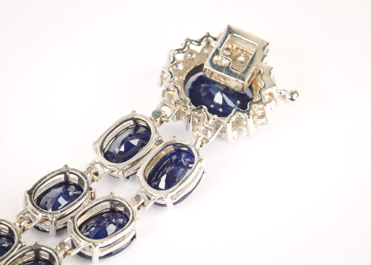 14K White Gold, Synthetic Sapphire, and Diamond Double Row Tennis Bracelet