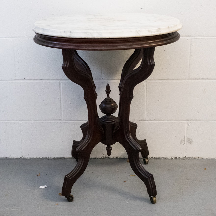 Antique Victorian Walnut Oval Marble Top Table