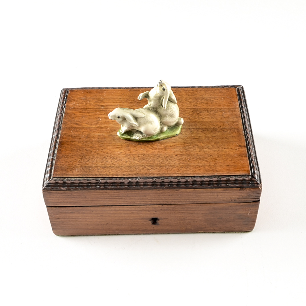 Antique Pine Trinket Box with Rabbit Finial