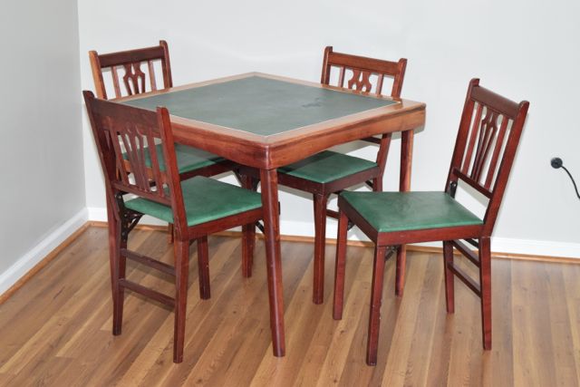 Vintage Leg-O-Matic Wood and Vinyl Folding Table with Four Matching Chairs