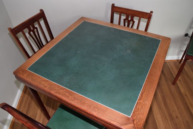 Vintage Leg-O-Matic Wood and Vinyl Folding Table with Four Matching Chairs