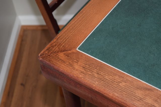Vintage Leg-O-Matic Wood and Vinyl Folding Table with Four Matching Chairs