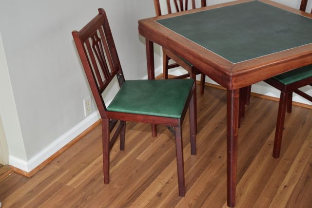 Vintage Leg-O-Matic Wood and Vinyl Folding Table with Four Matching Chairs
