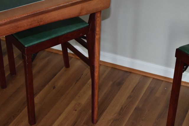 Vintage Leg-O-Matic Wood and Vinyl Folding Table with Four Matching Chairs