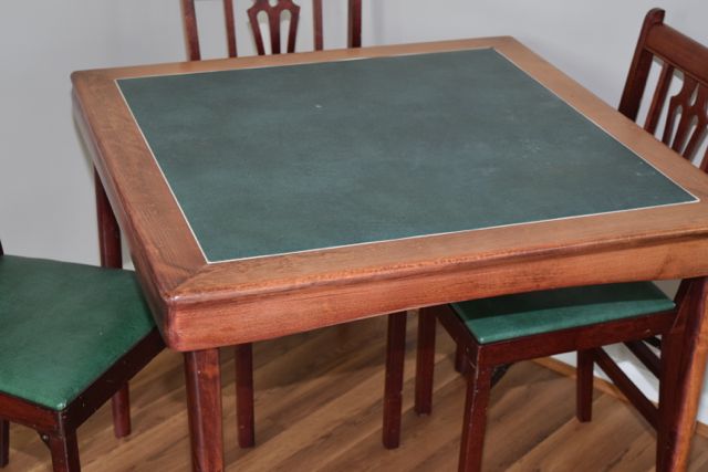 Vintage Leg-O-Matic Wood and Vinyl Folding Table with Four Matching Chairs