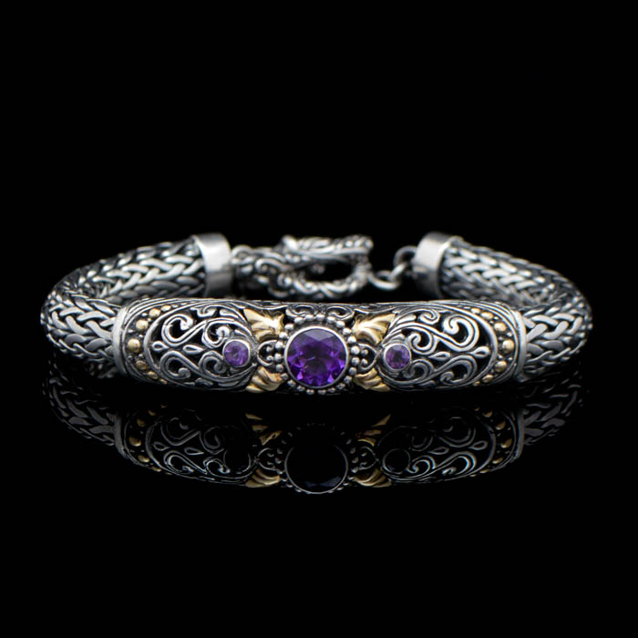 Sterling Silver, 18K Gold and Amethyst Bracelet