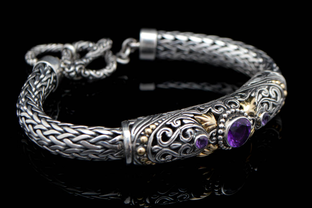 Sterling Silver, 18K Gold and Amethyst Bracelet