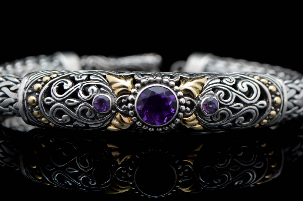 Sterling Silver, 18K Gold and Amethyst Bracelet