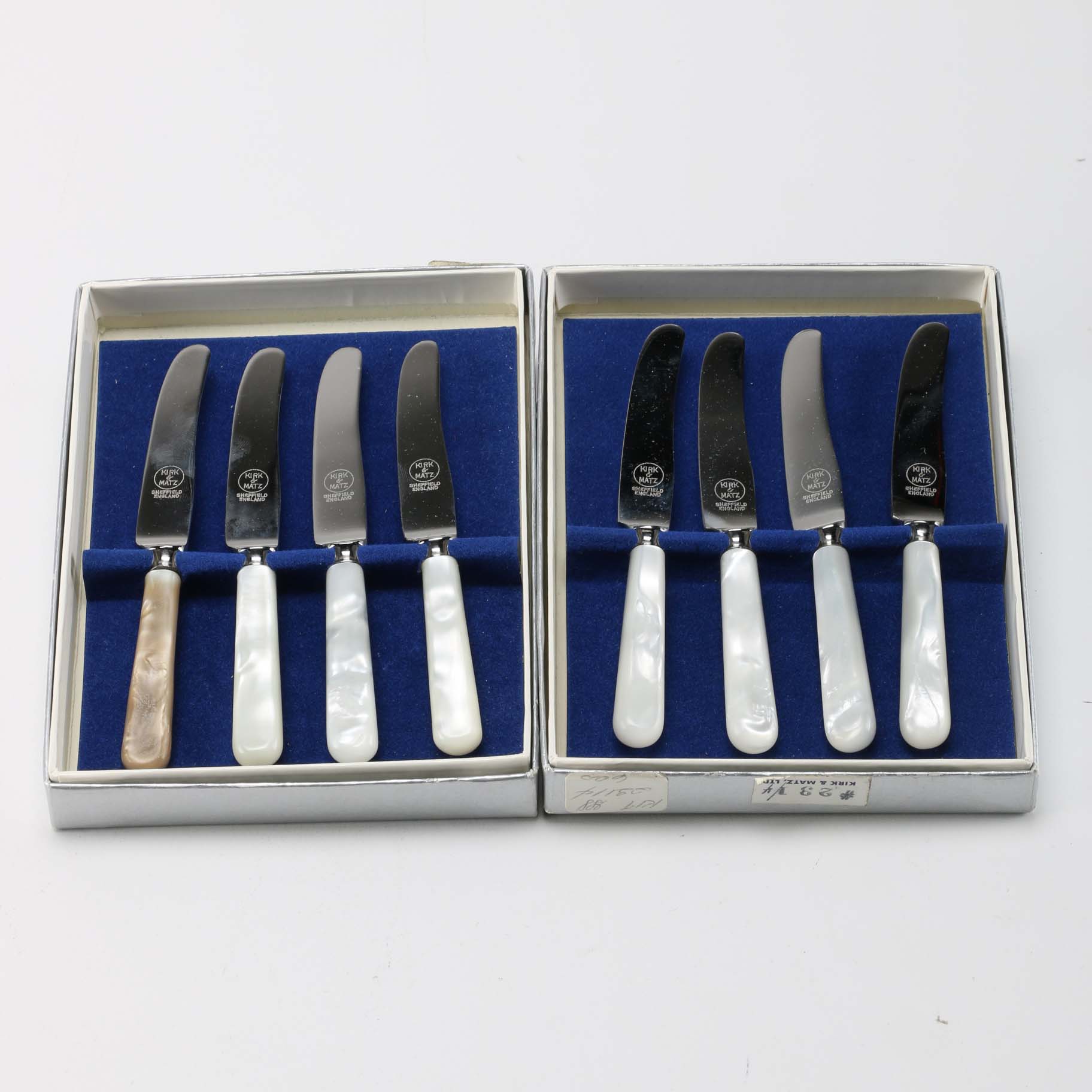 Eight Kirk & Matz Sheffield Knives with Pearlescent Handles