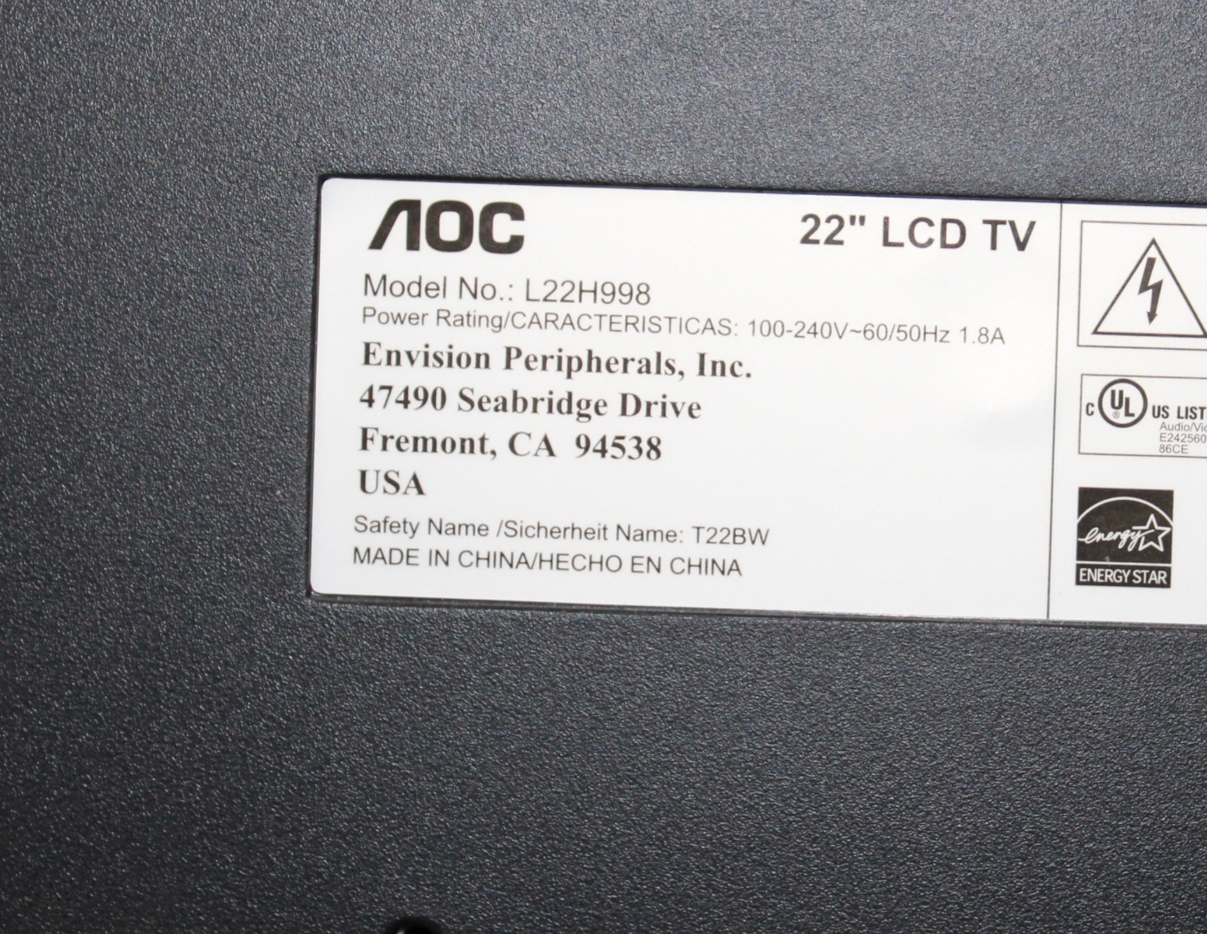 AOC 22" LCD Television