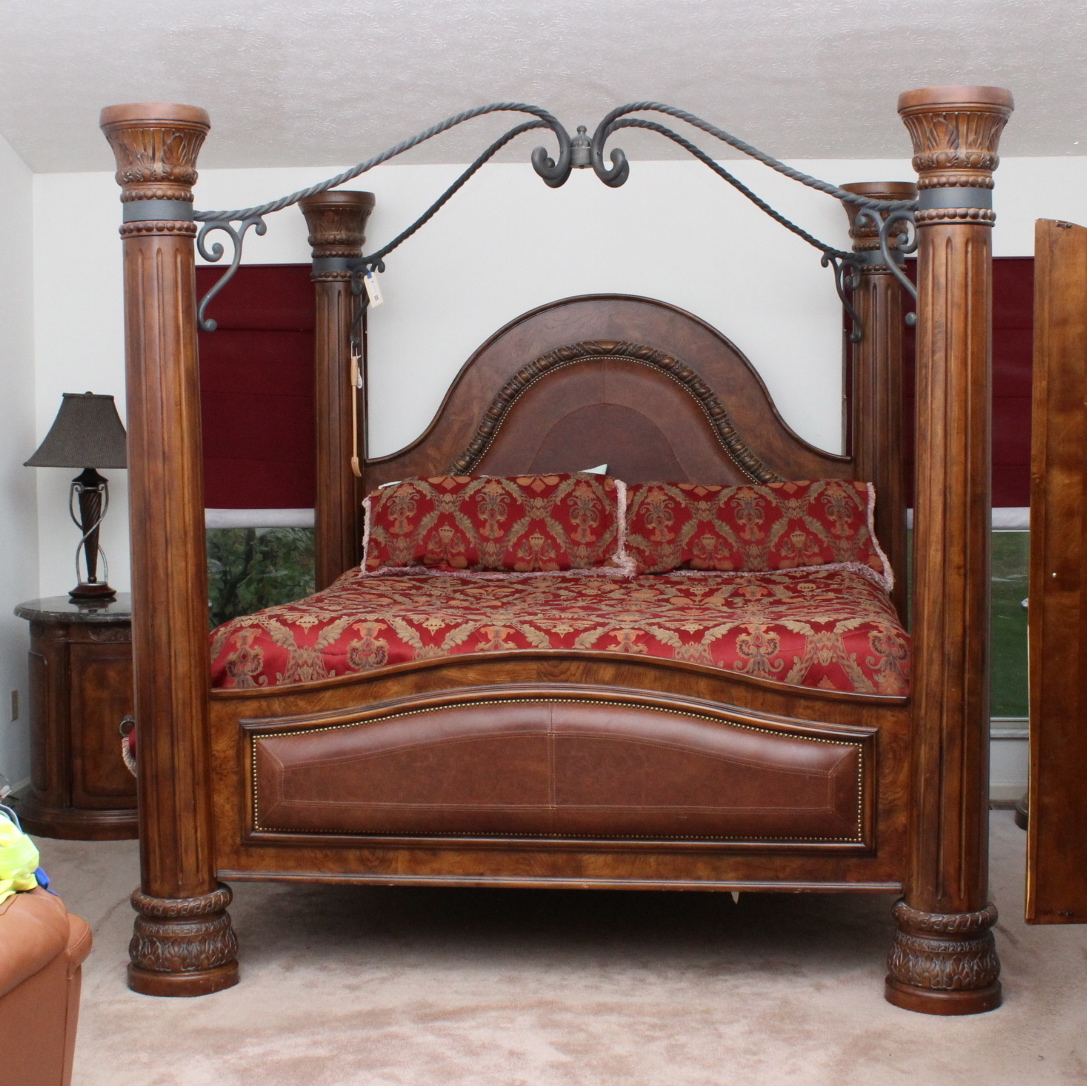 Collezione Europa Walnut Veneer and Wrought Iron California King Size Canopy Bed