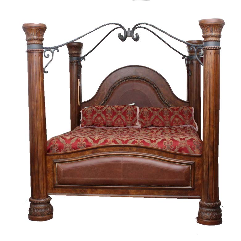 Collezione Europa Walnut Veneer and Wrought Iron California King Size Canopy Bed