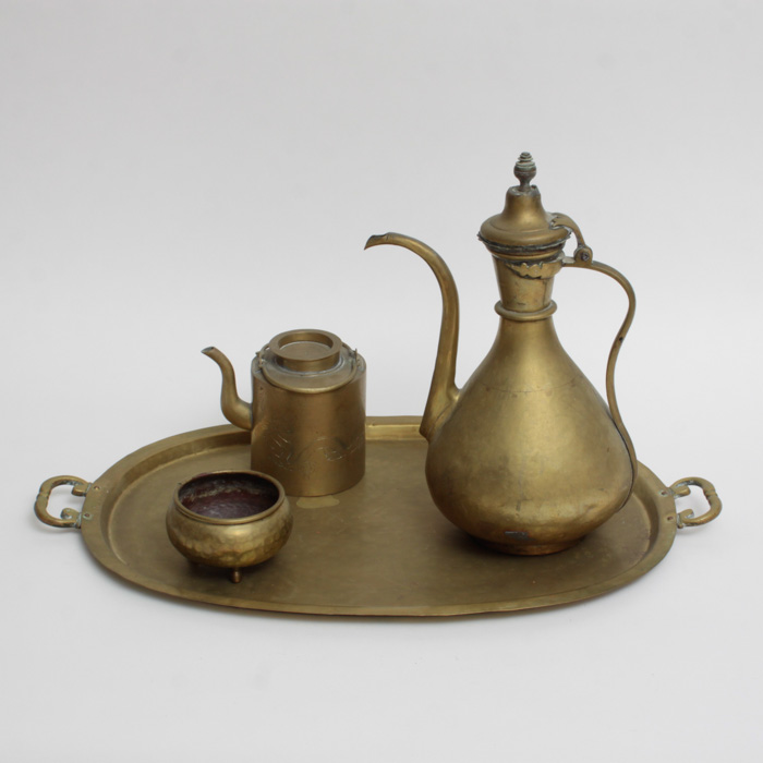 Vintage Brass Turkish Coffee Pot, Tray And Accessories