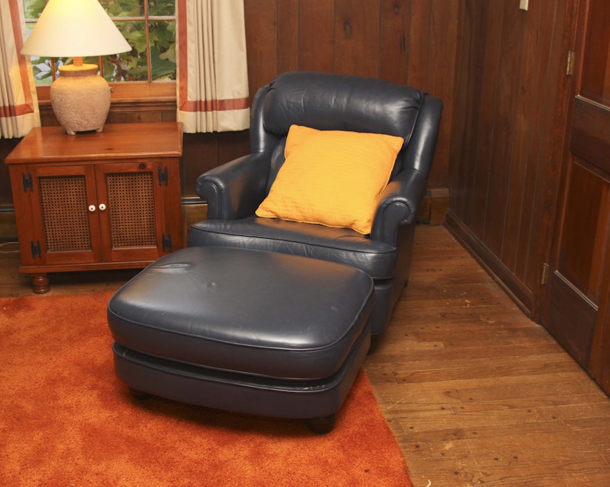 Navy Blue Leather Chair and Ottoman