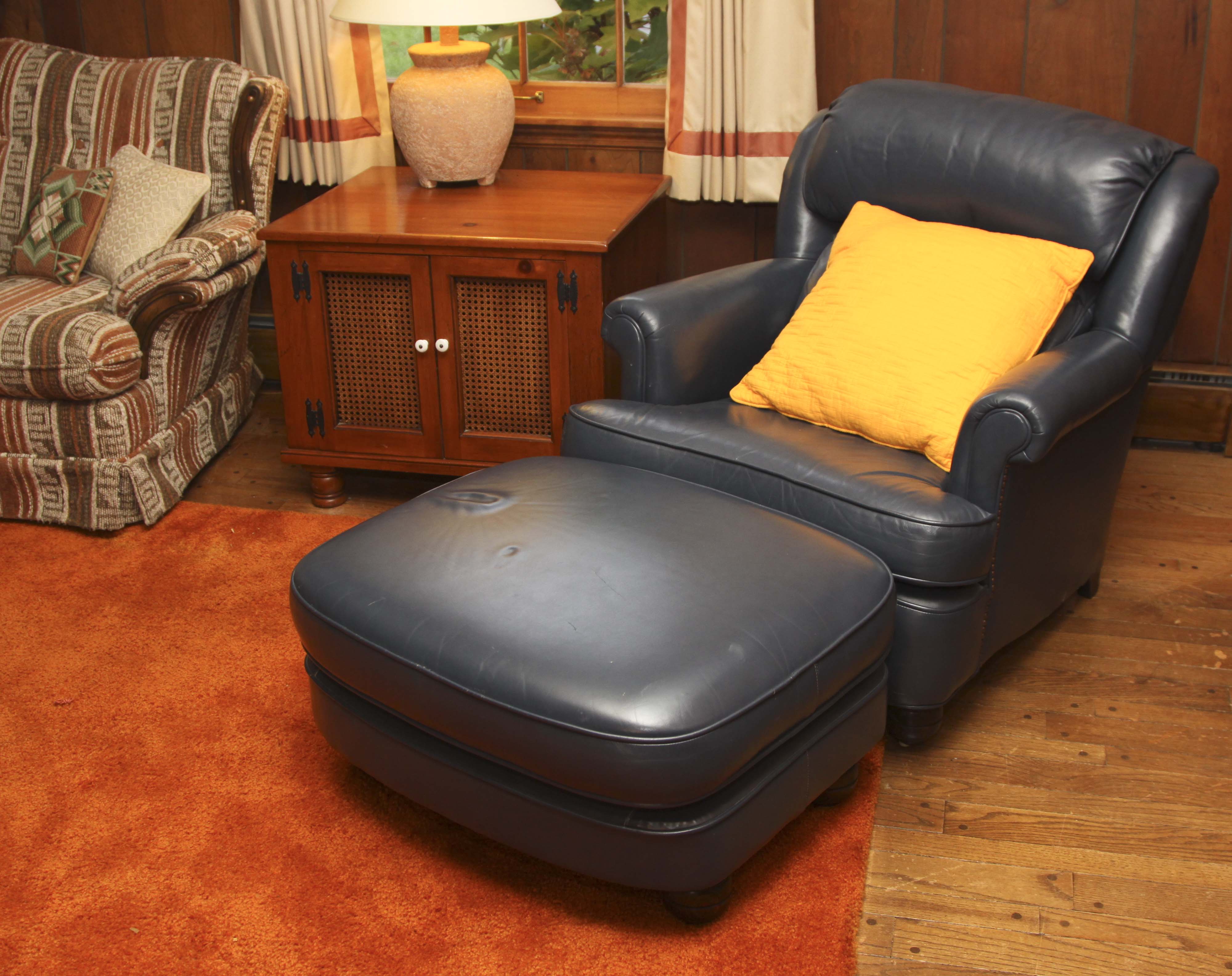 Navy Blue Leather Chair and Ottoman