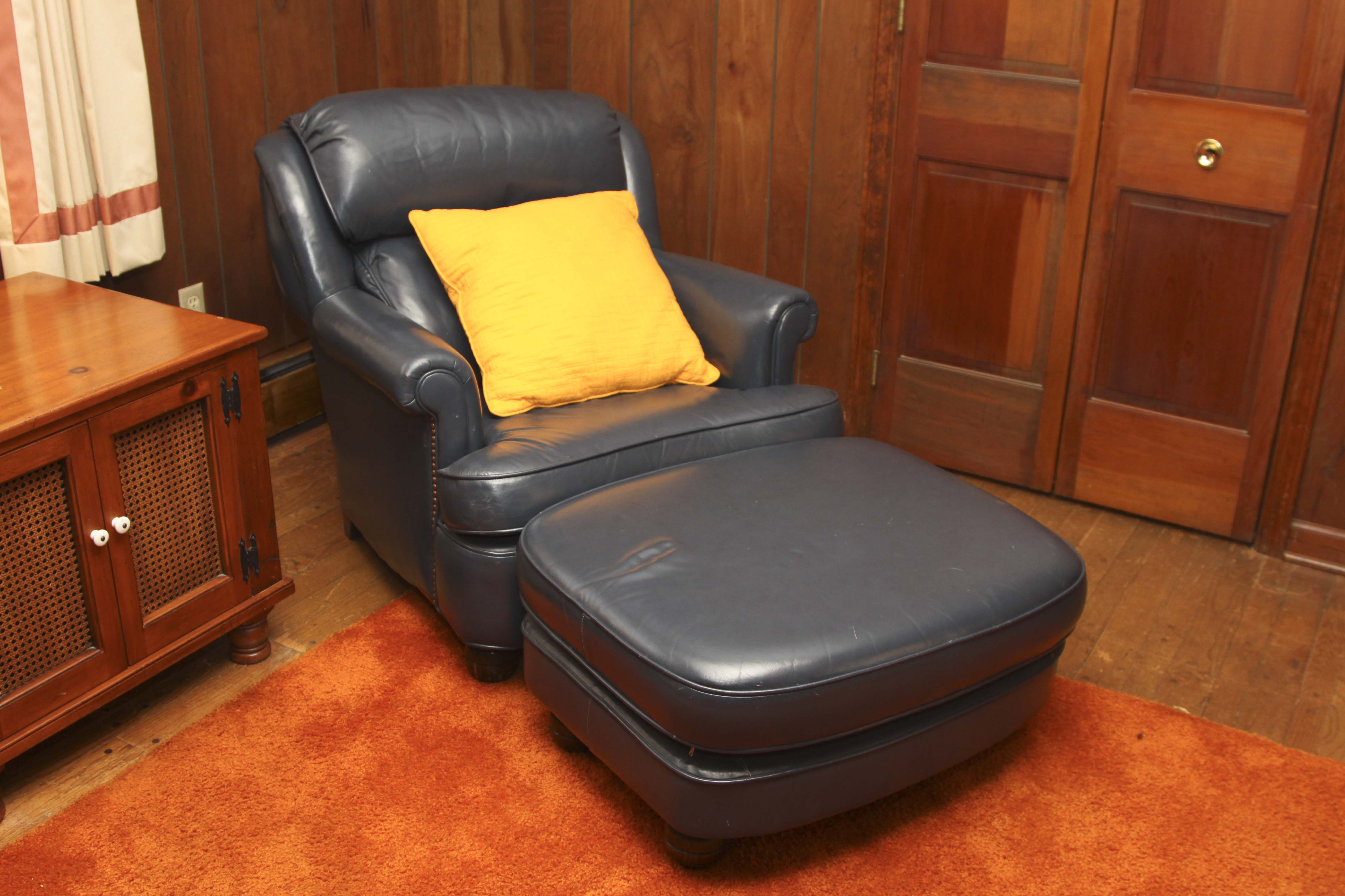 Navy Blue Leather Chair and Ottoman