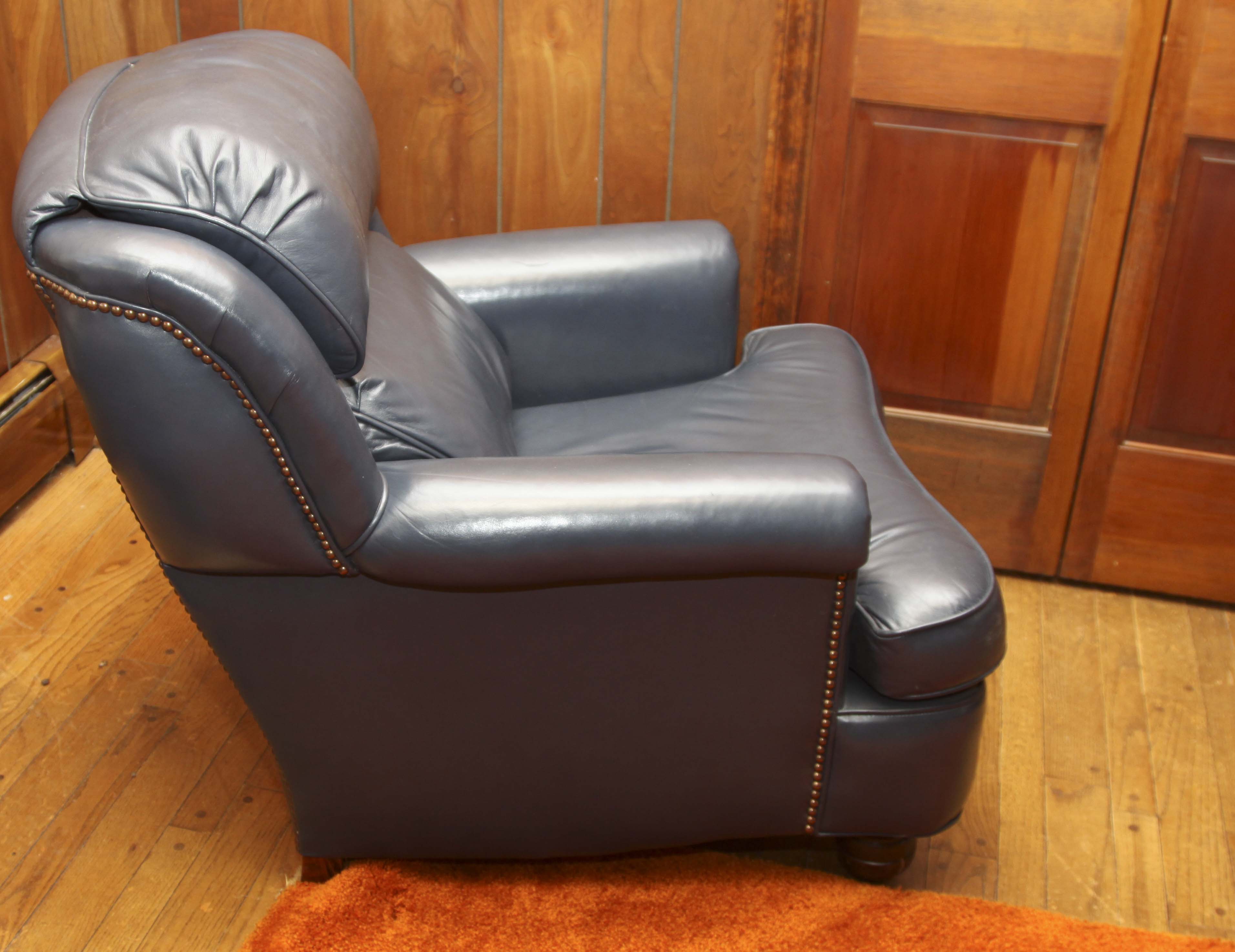 Navy Blue Leather Chair and Ottoman