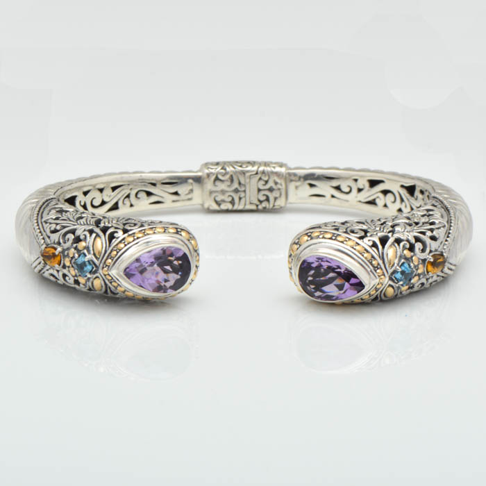Robert Manse Sterling Silver, 18K Gold, Amethyst, Blue Topaz and Citrine Bangle Bracelet