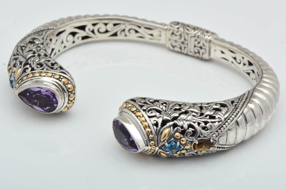 Robert Manse Sterling Silver, 18K Gold, Amethyst, Blue Topaz and Citrine Bangle Bracelet