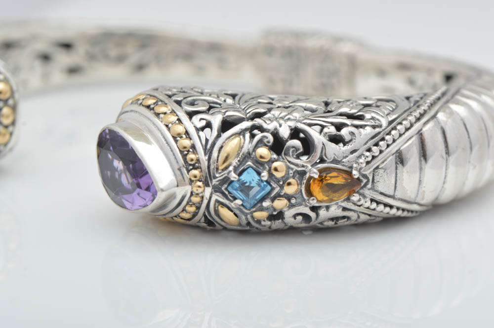 Robert Manse Sterling Silver, 18K Gold, Amethyst, Blue Topaz and Citrine Bangle Bracelet