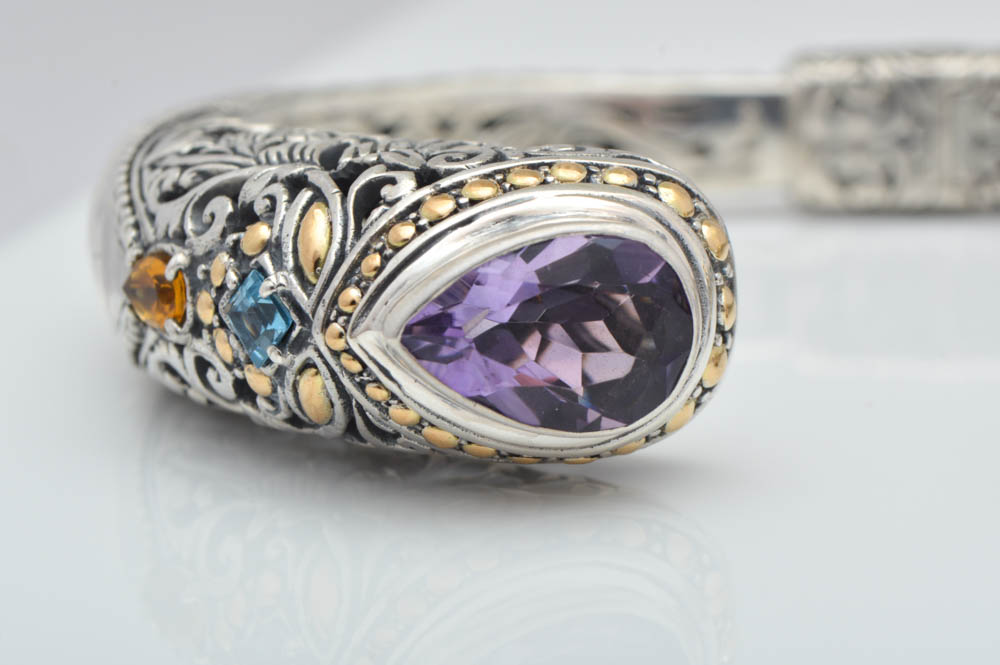 Robert Manse Sterling Silver, 18K Gold, Amethyst, Blue Topaz and Citrine Bangle Bracelet