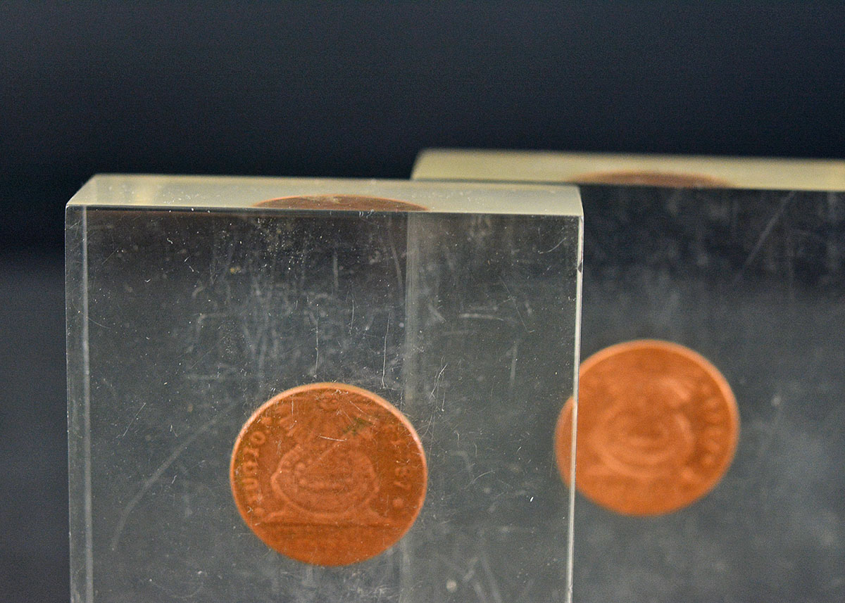 Pair of 1787 Copper Fugio Cents Encased in Clear Lucite