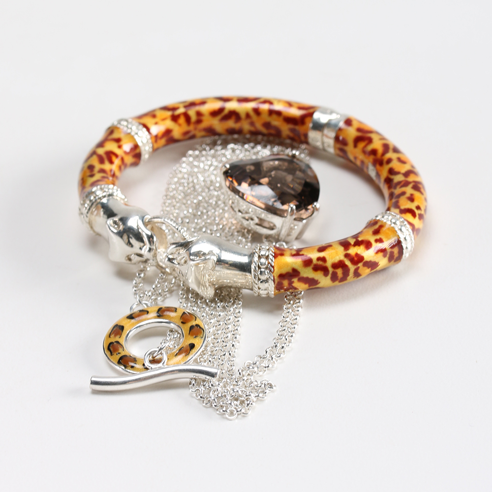 Sterling Silver Leopard Print Bracelet and Silver Tone Necklace