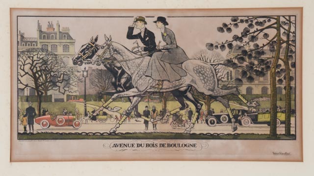 Jean Routier 1926 Wood Engraving "Avenue du Bois de Boulogne"