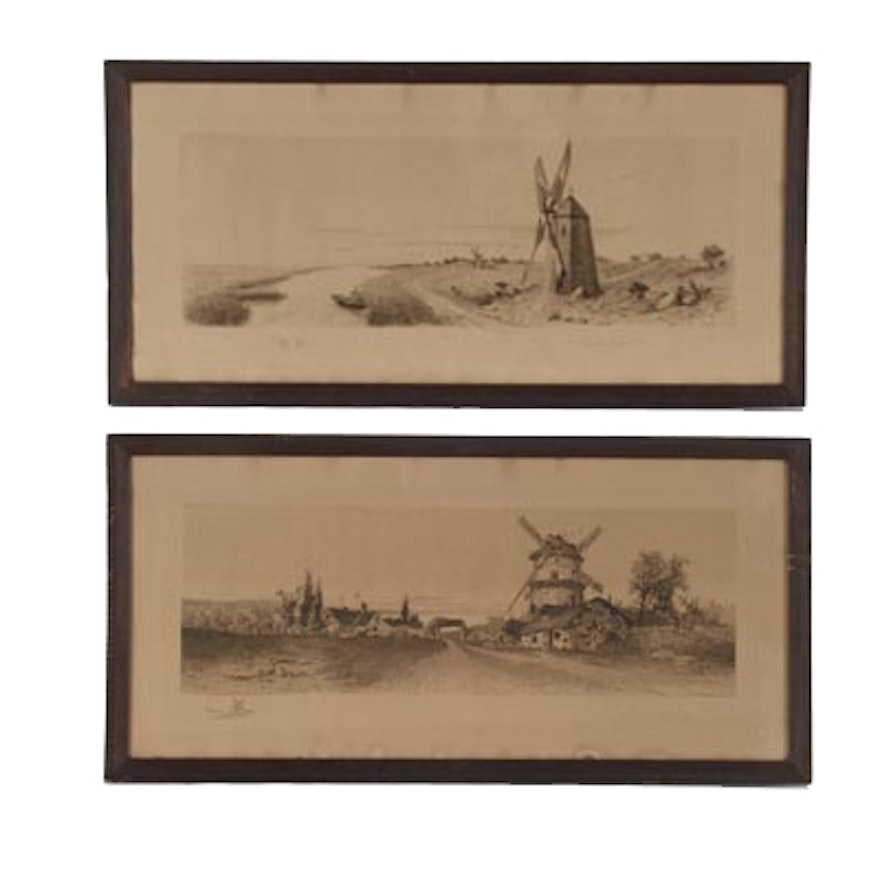 Pair of Antique Drypoint Etchings of Dutch Pastoral Landscapes