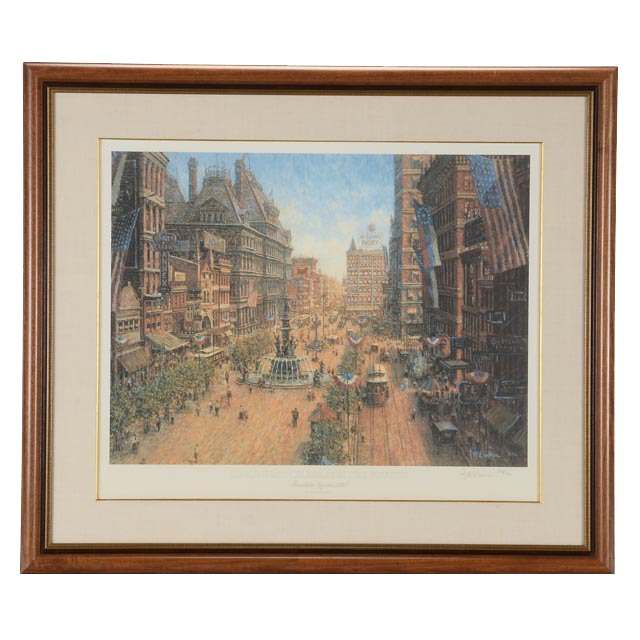 Frank McElwain Limited Edition Signed Offset Lithograph "Cincinnati Celebrates the Fourth, Fountain Square 1917"