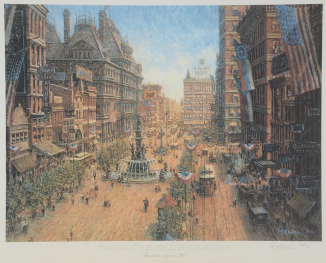 Frank McElwain Limited Edition Signed Offset Lithograph "Cincinnati Celebrates the Fourth, Fountain Square 1917"