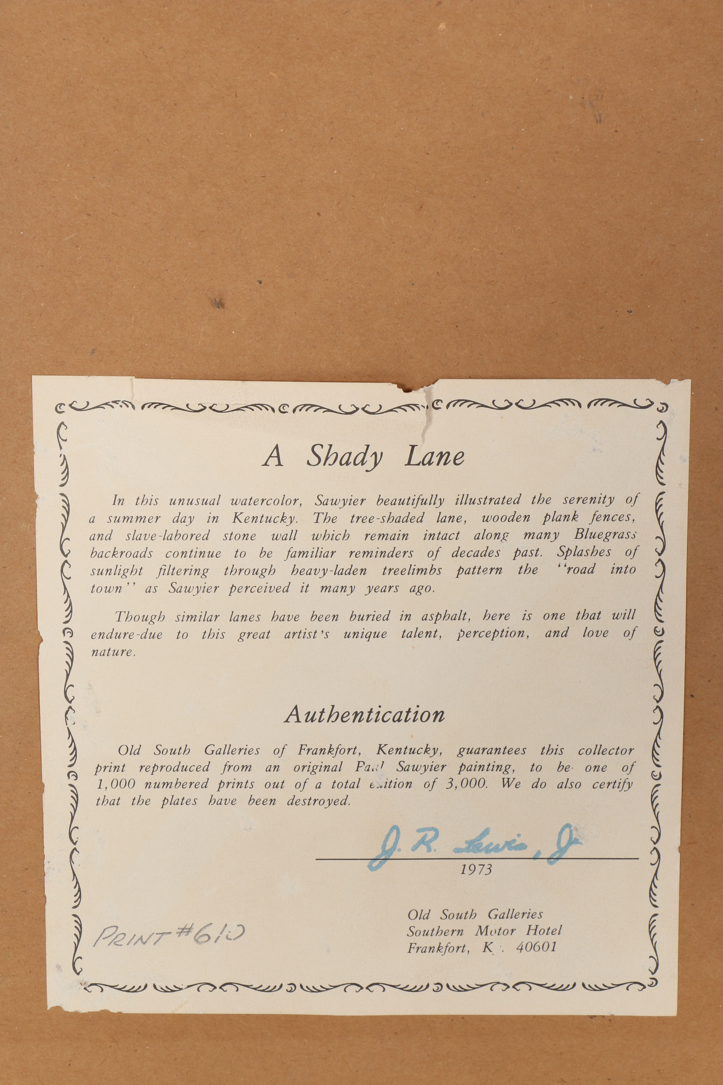 Paul Sawyier Limited Edition Offset Lithograph "A Shady Lane"