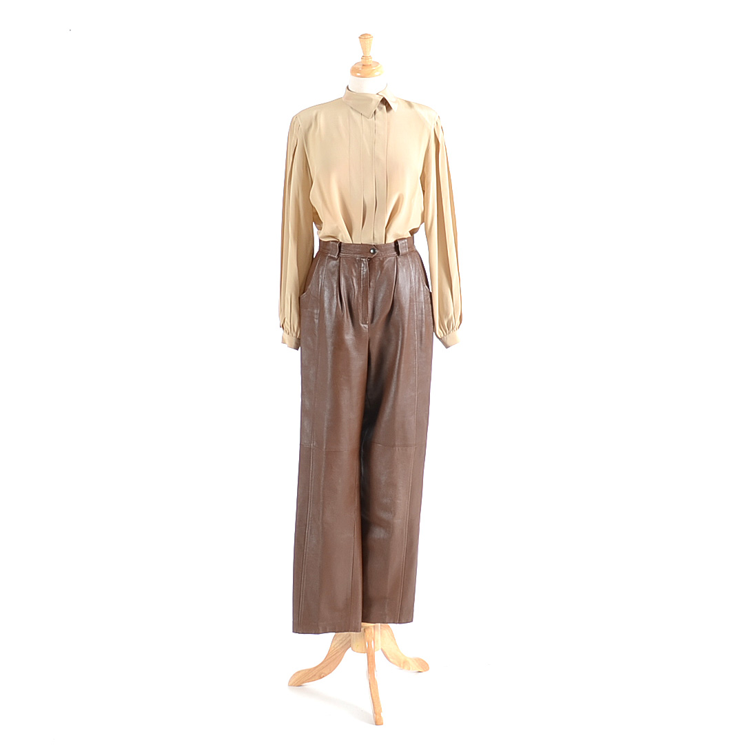 Donna Mizar Brown Leather Pants and a Liz Claiborne Silk Blouse