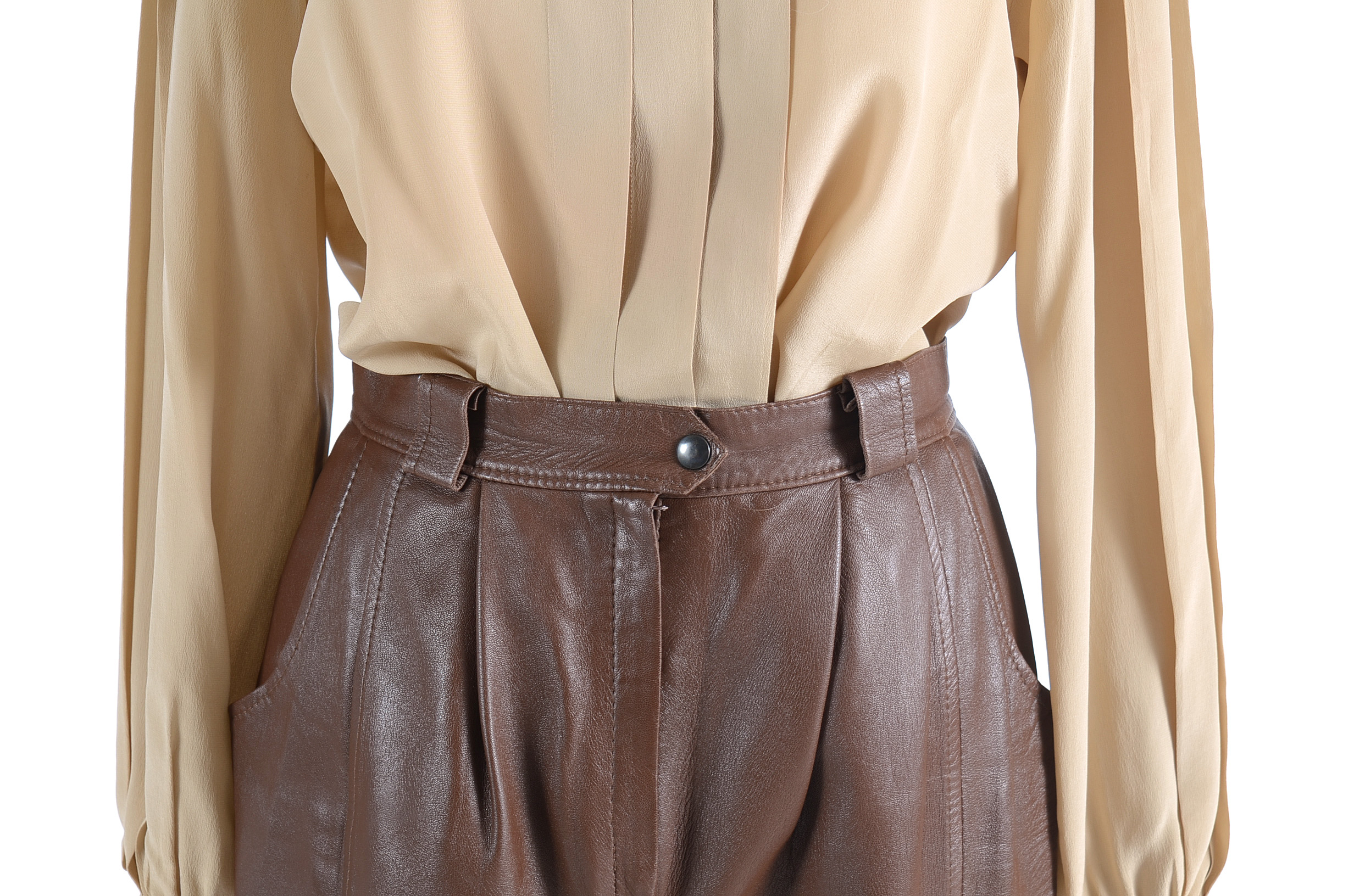 Donna Mizar Brown Leather Pants and a Liz Claiborne Silk Blouse
