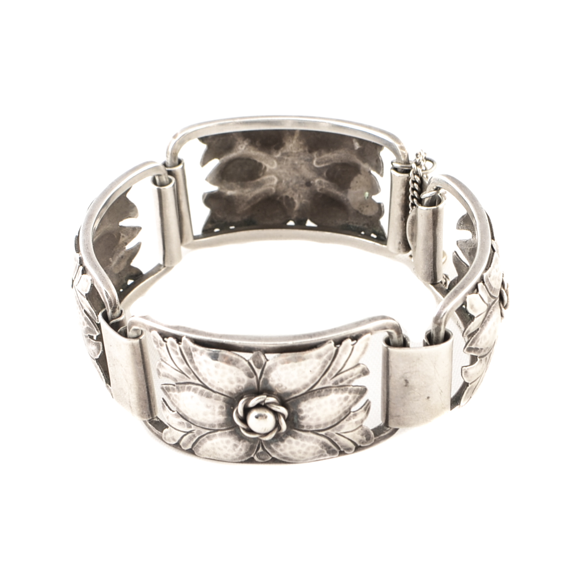 Vintage Jensen Inc. Sterling Silver Floral Panel Hinge Bracelet