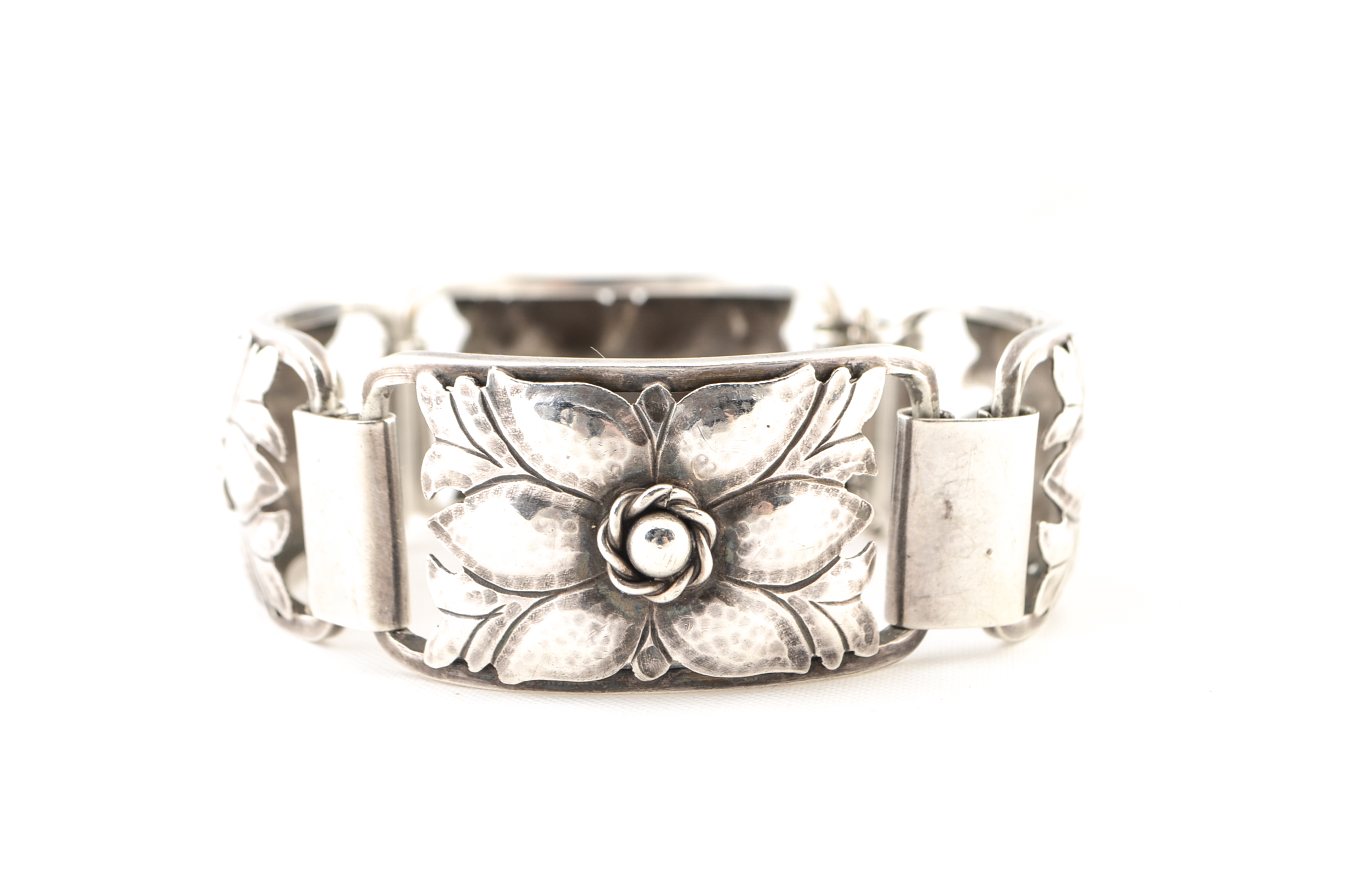 Vintage Jensen Inc. Sterling Silver Floral Panel Hinge Bracelet