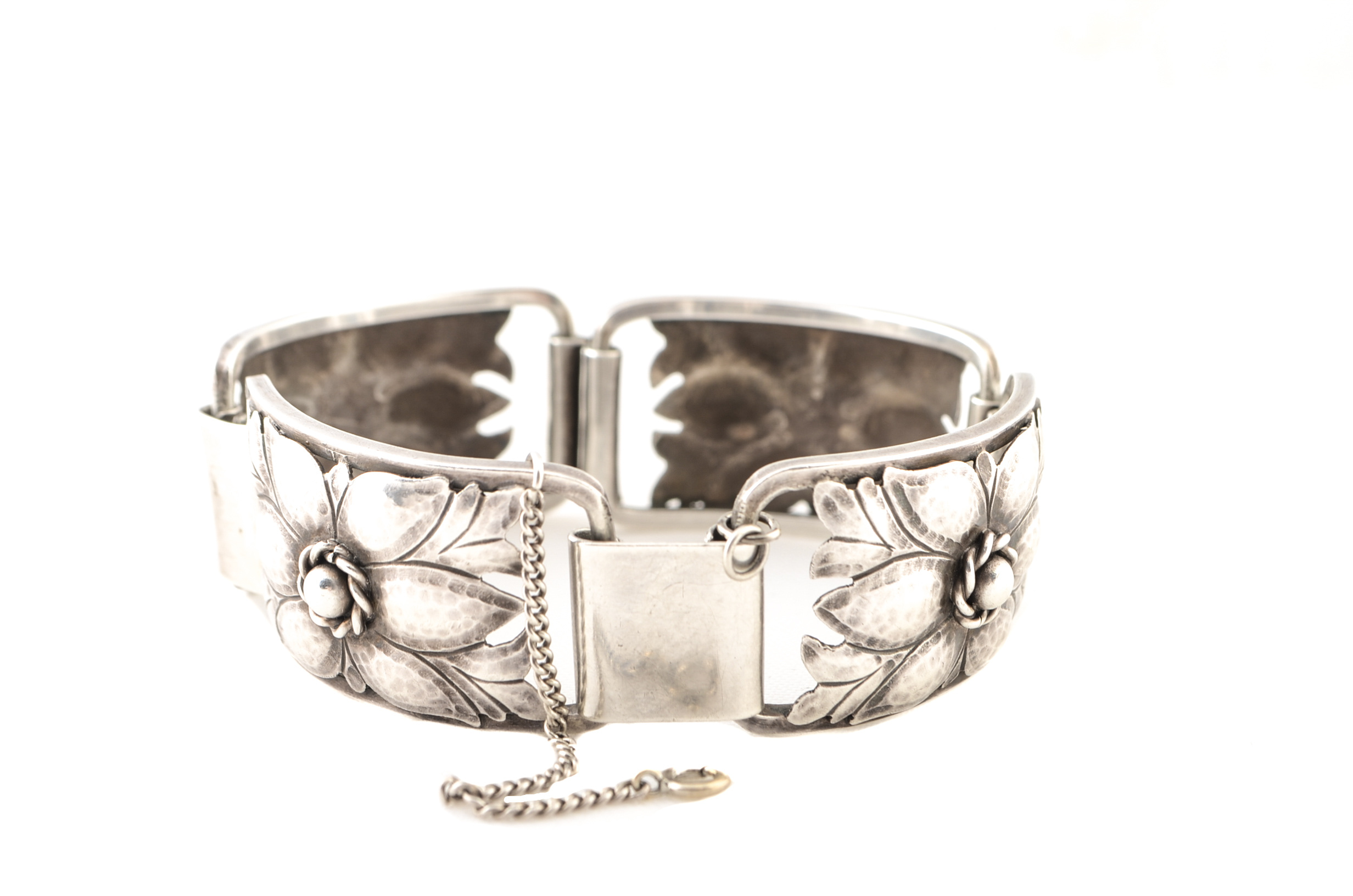 Vintage Jensen Inc. Sterling Silver Floral Panel Hinge Bracelet