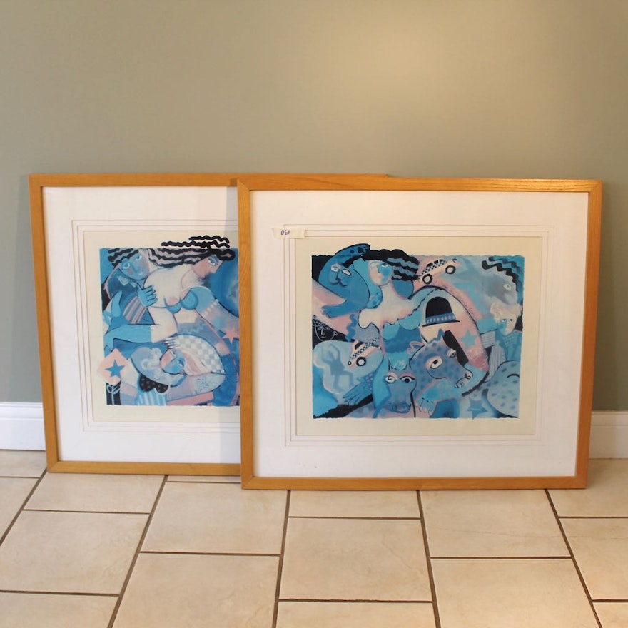 Pair of Kathy Donahey Abstract Expressionist Offset Lithographs