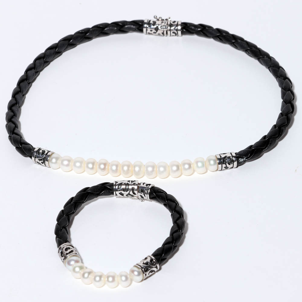 Pearl Necklace and Bracelet Set on Leather Band