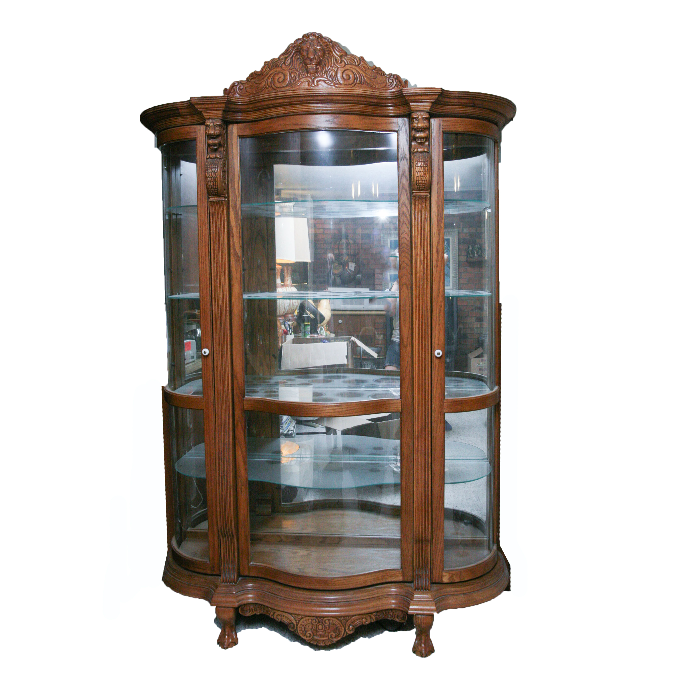 Carved Wooden Lion's Head China Cabinet