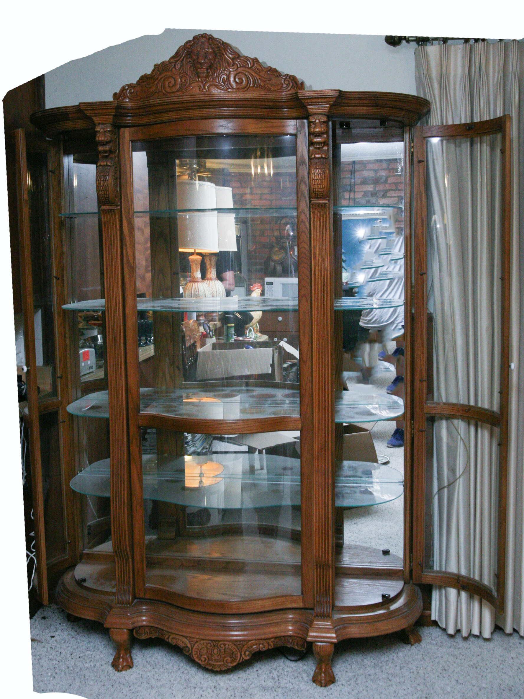 Carved Wooden Lion's Head China Cabinet
