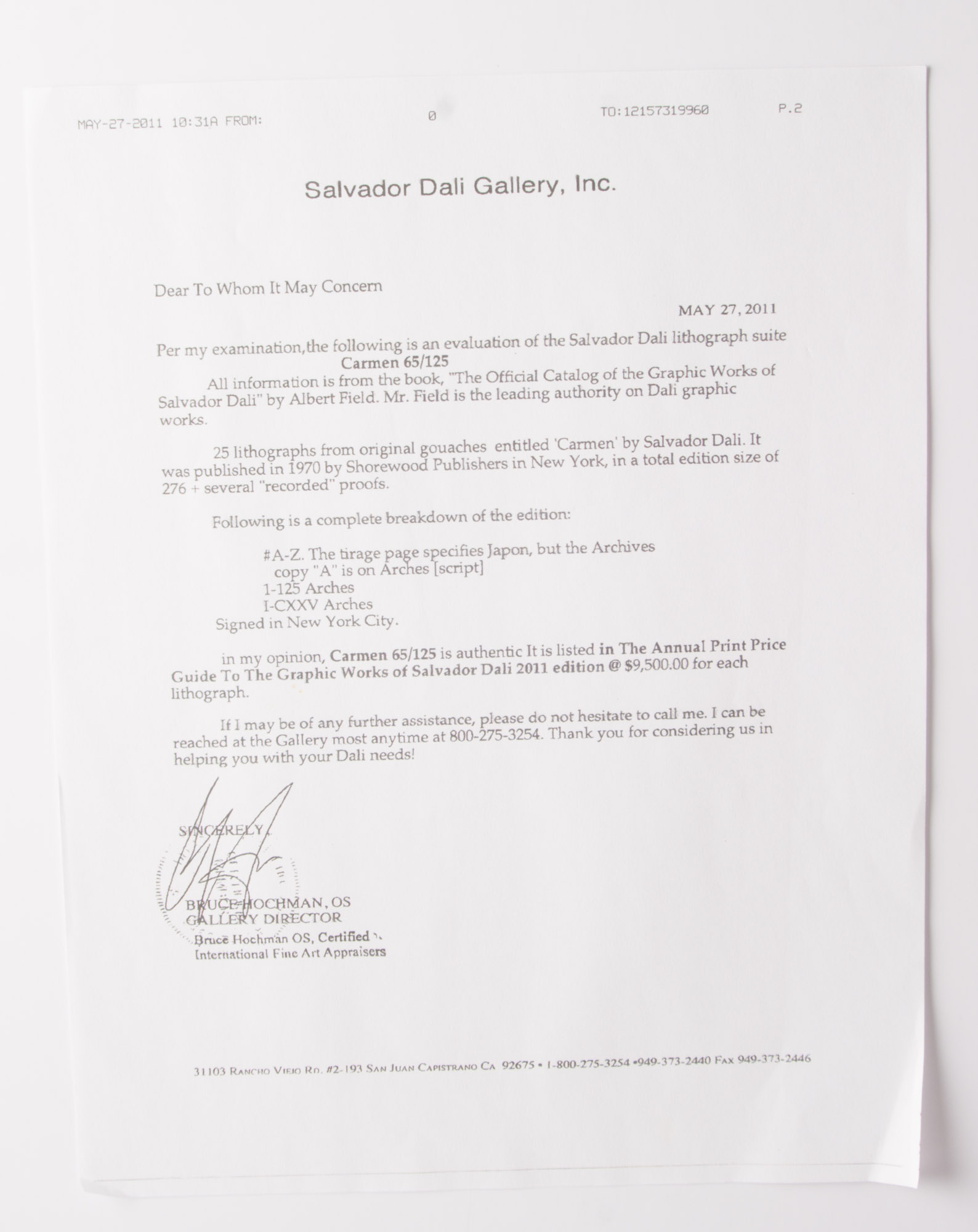 Signed Dali "Portrait of the Bullfighter Hero, Escamillo"