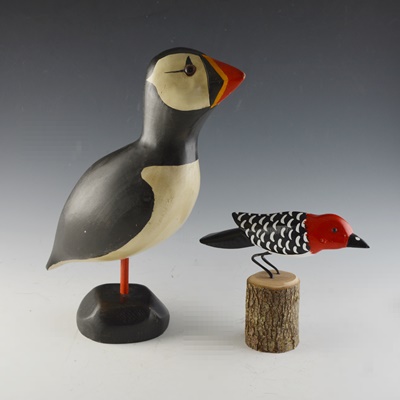 Wood Carved Puffin and Woodpecker Sculptures