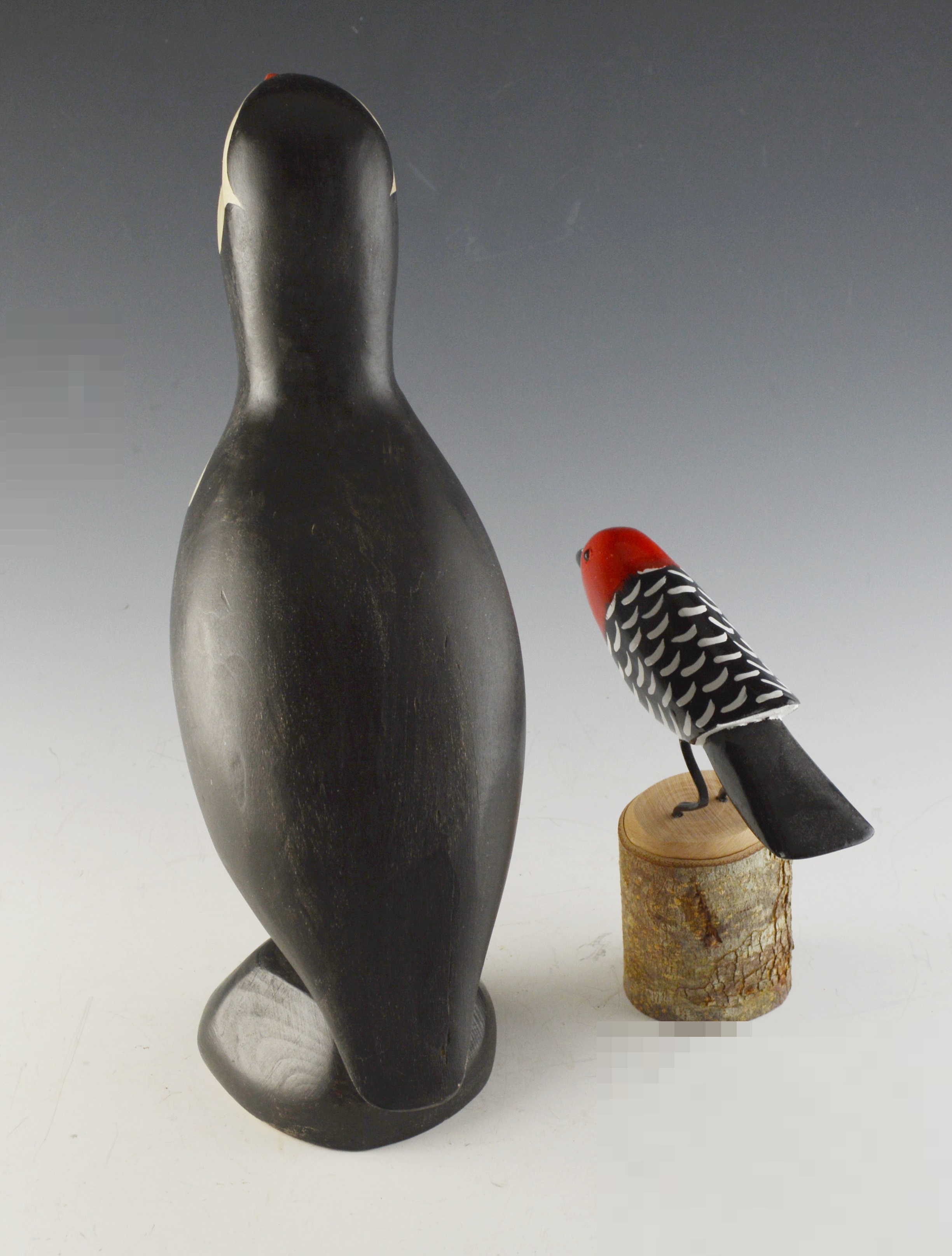 Wood Carved Puffin and Woodpecker Sculptures