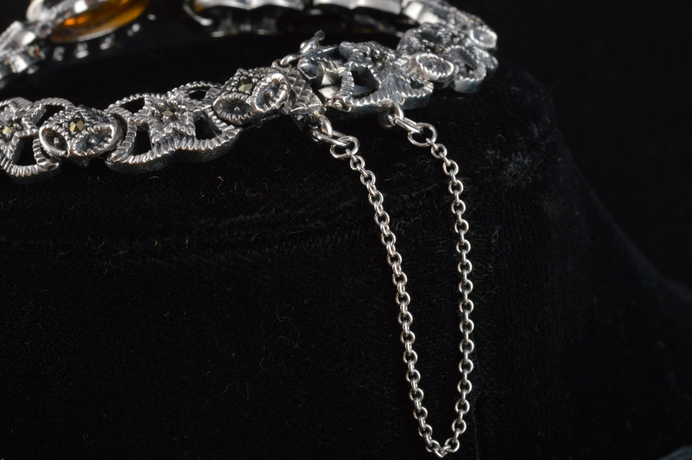 Sterling Silver Amber and Marcasite Bracelet